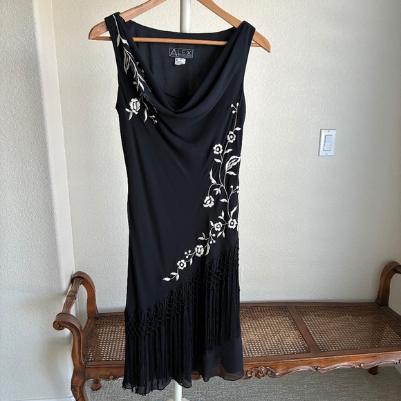 Vintage Alex Evenings Embroidered Cocktail Dress With Elegant Fringe Sz10 - Picture 1 of 5